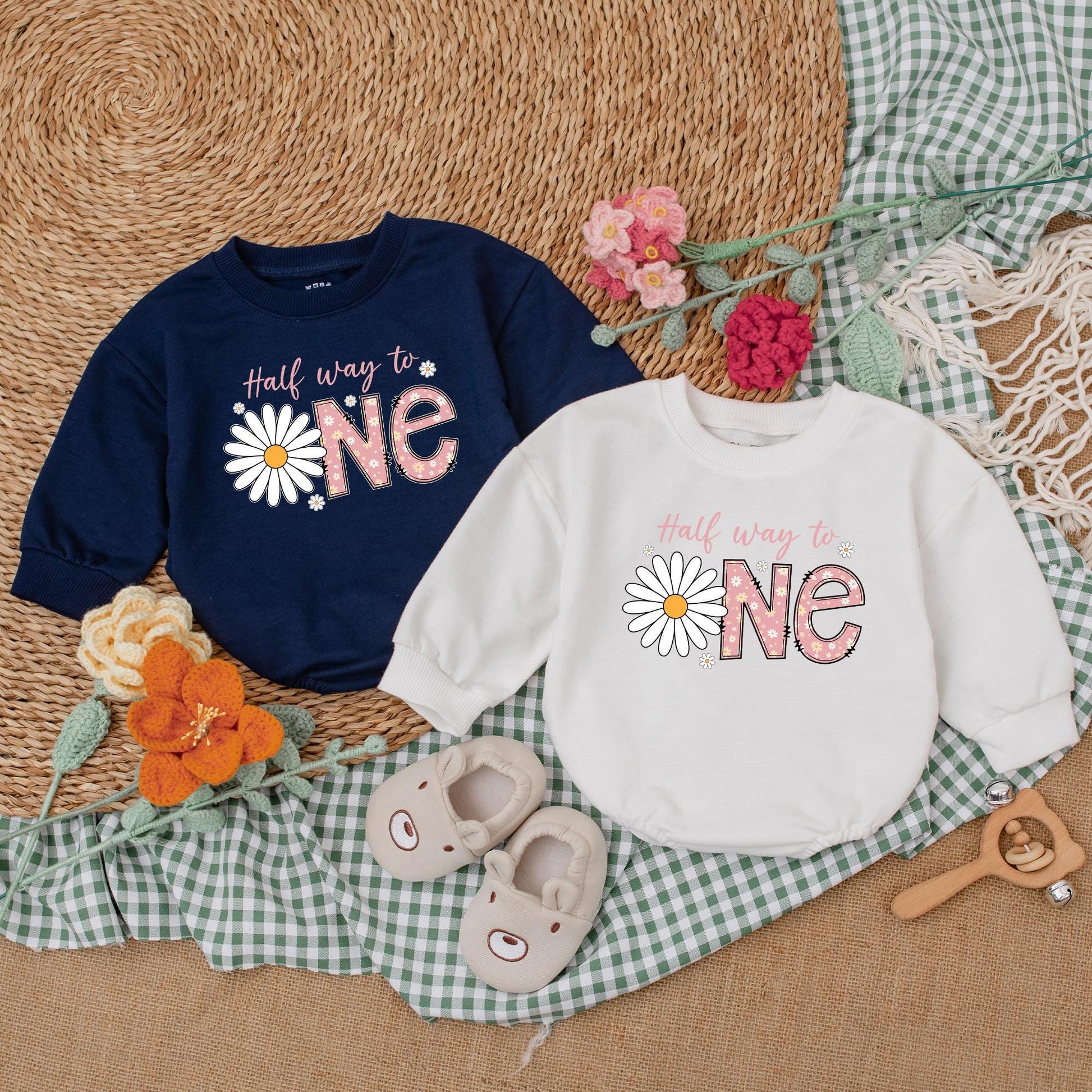 Personalized Daisy Half Birthday Girl Bodysuit Six Months Half Way To One Baby Bubble Romper Wildflower Boho Outfit Clothes Gift