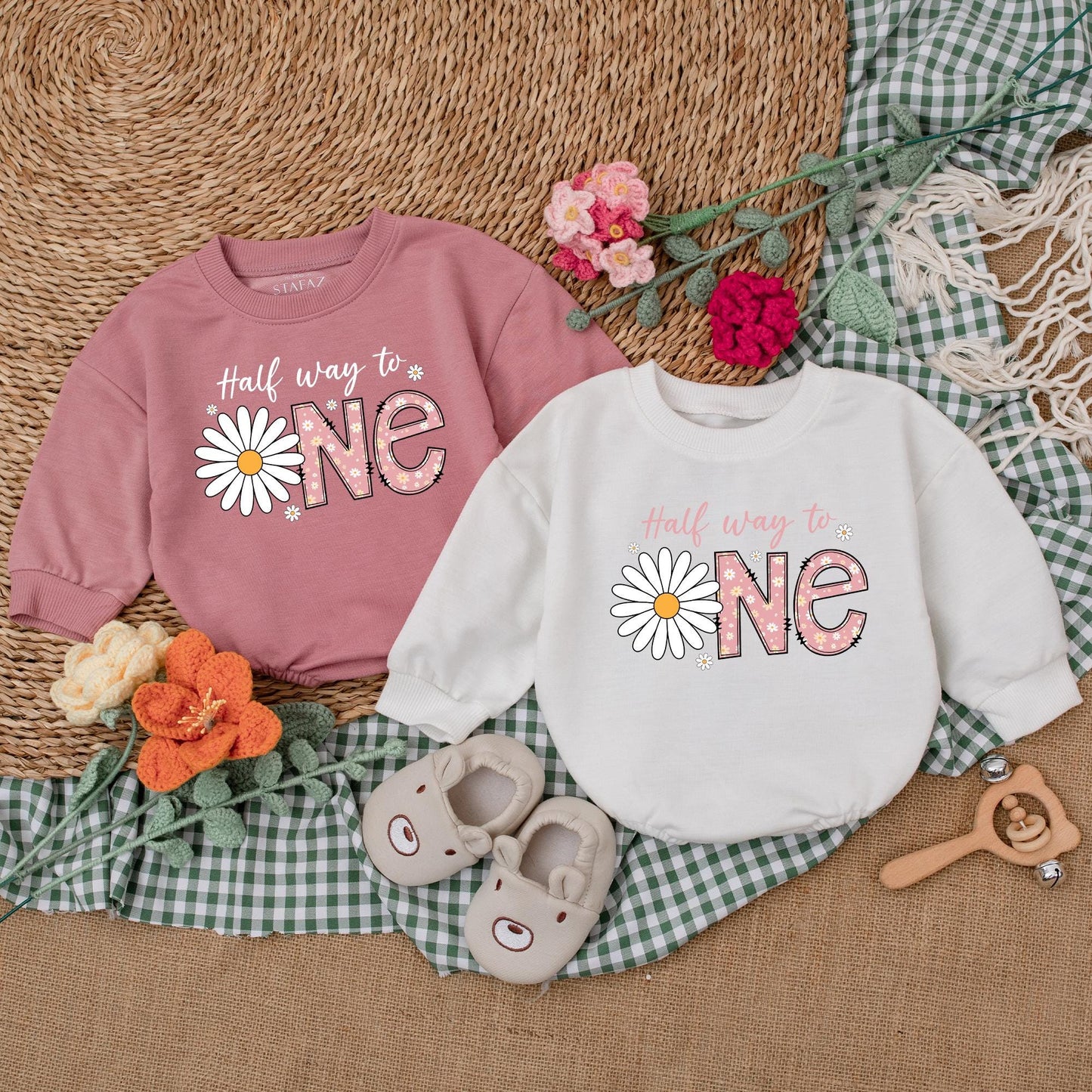 Personalized Daisy Half Birthday Girl Bodysuit Six Months Half Way To One Baby Bubble Romper Wildflower Boho Outfit Clothes Gift