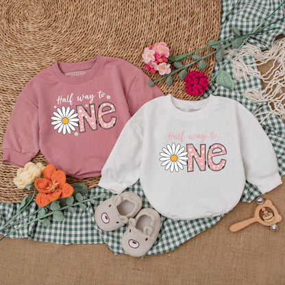 Personalized Daisy Half Birthday Girl Bodysuit Six Months Half Way To One Baby Bubble Romper Wildflower Boho Outfit Clothes Gift