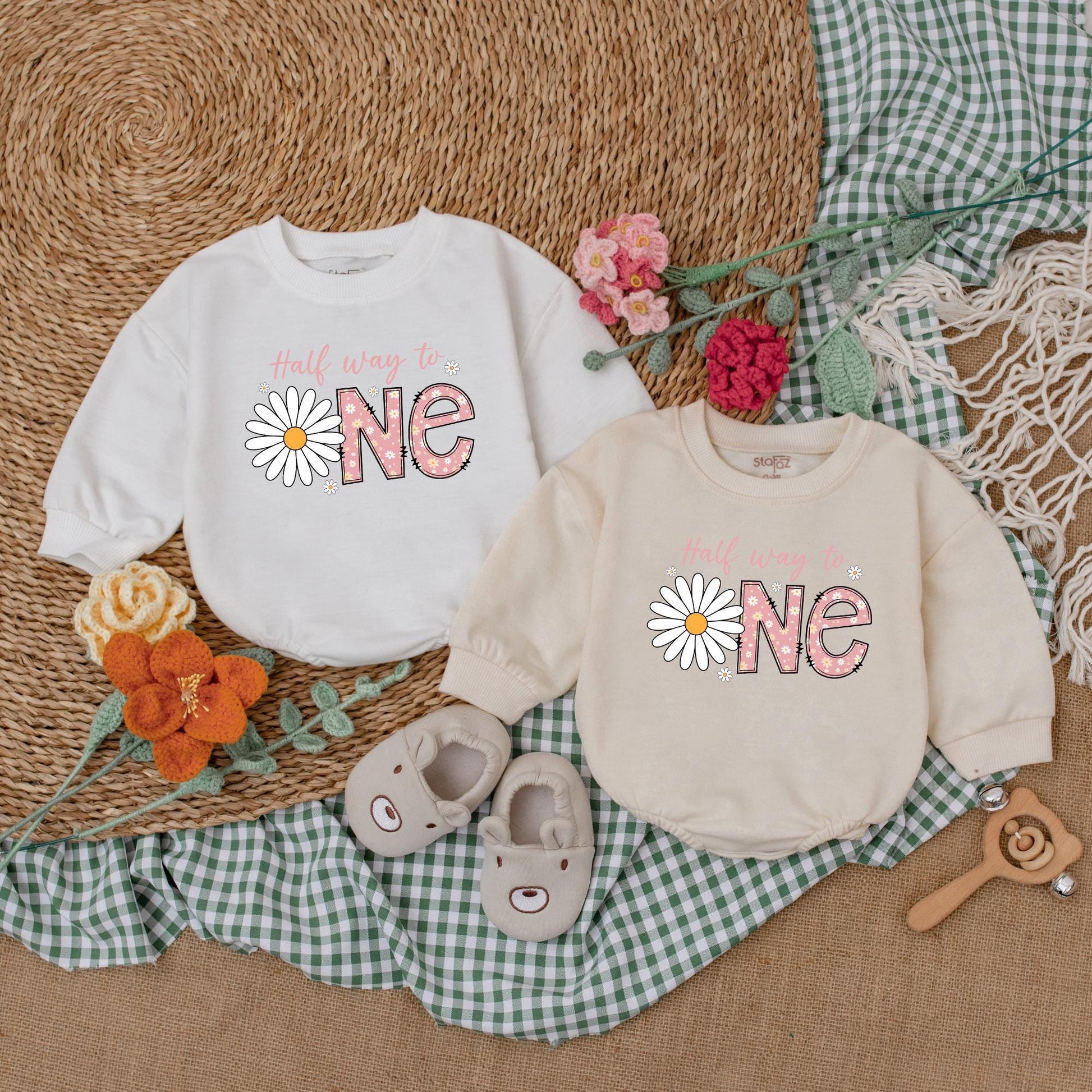 Personalized Daisy Half Birthday Girl Bodysuit Six Months Half Way To One Baby Bubble Romper Wildflower Boho Outfit Clothes Gift