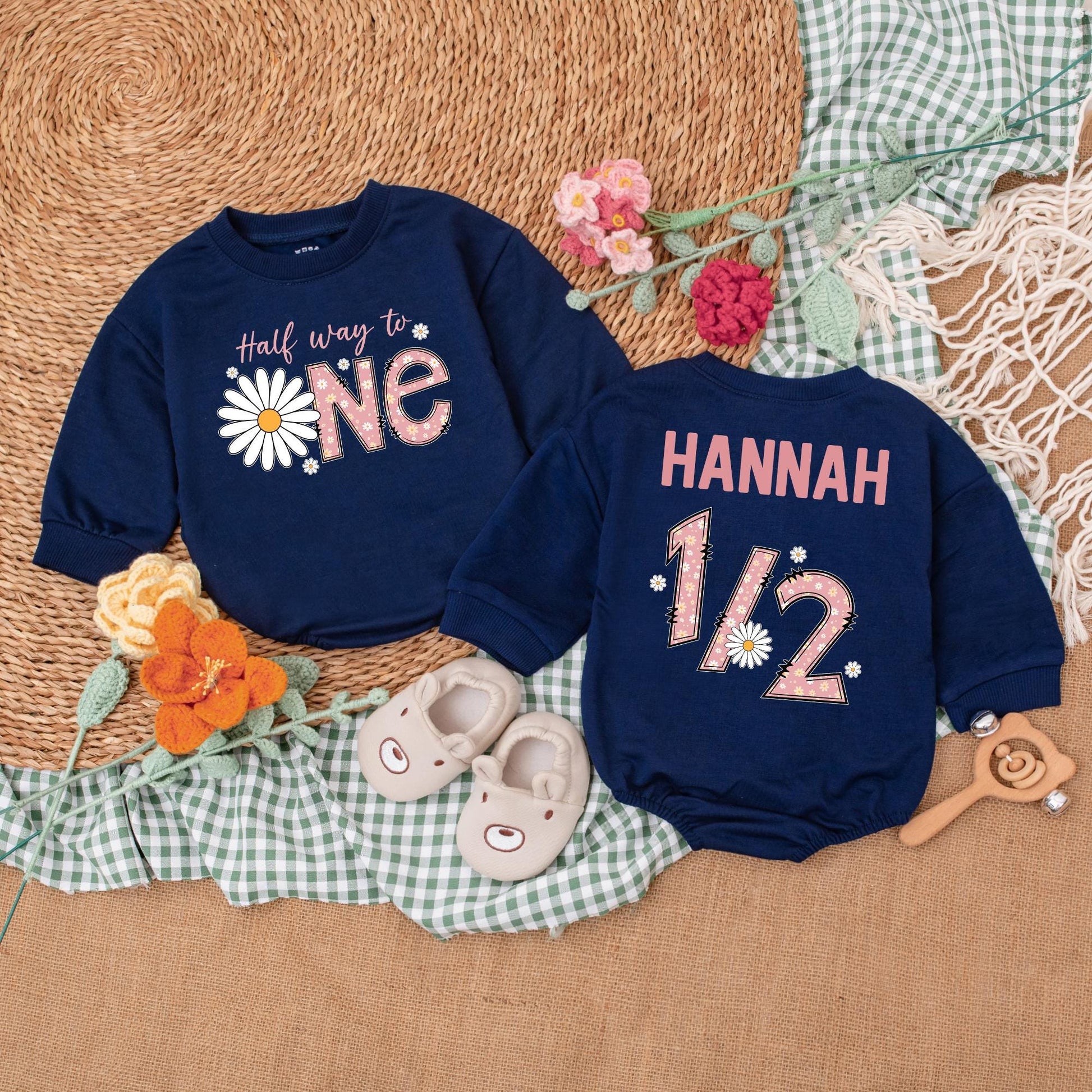 Personalized Daisy Half Birthday Girl Bodysuit Six Months Half Way To One Baby Bubble Romper Wildflower Boho Outfit Clothes Gift