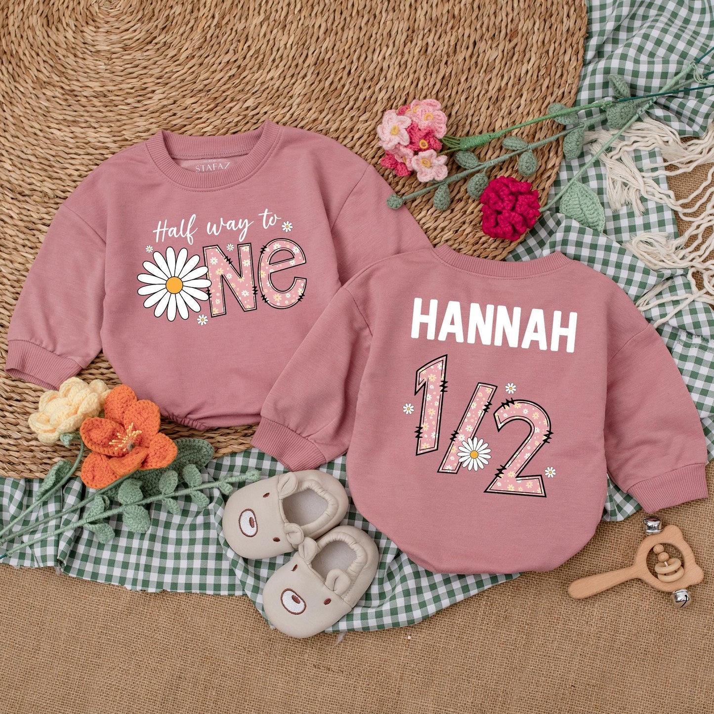 Personalized Daisy Half Birthday Girl Bodysuit Six Months Half Way To One Baby Bubble Romper Wildflower Boho Outfit Clothes Gift