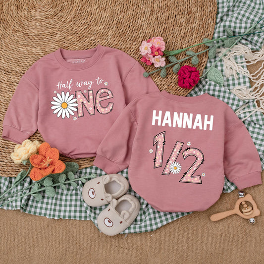 Personalized Daisy Half Birthday Girl Bodysuit Six Months Half Way To One Baby Bubble Romper Wildflower Boho Outfit Clothes Gift