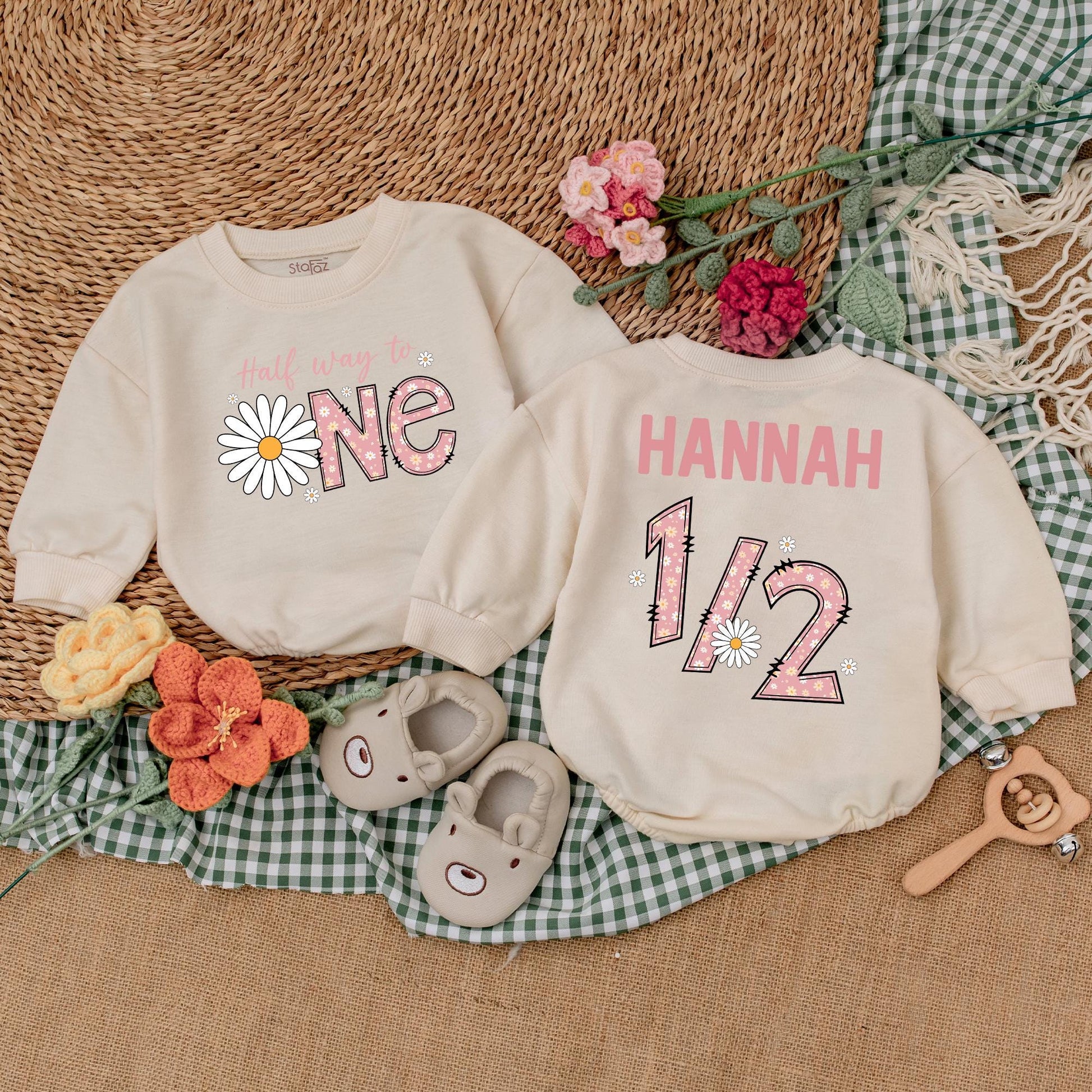 Personalized Daisy Half Birthday Girl Bodysuit Six Months Half Way To One Baby Bubble Romper Wildflower Boho Outfit Clothes Gift