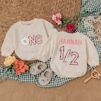 Personalized Daisy Half Birthday Girl Bodysuit Six Months Half Way To One Baby Bubble Romper Wildflower Boho Outfit Clothes Gift