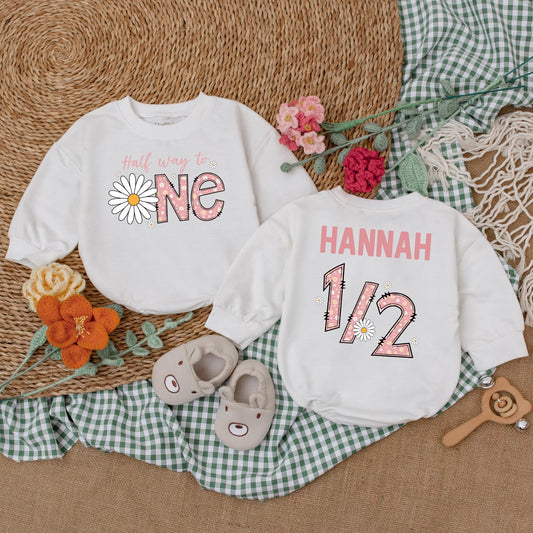 Personalized Daisy Half Birthday Girl Bodysuit Six Months Half Way To One Baby Bubble Romper Wildflower Boho Outfit Clothes Gift