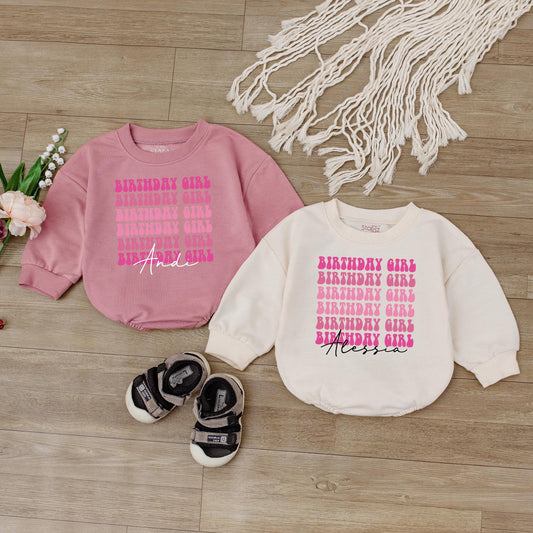 Personalized Pink Birthday Girl Long-Sleeve Bubble Romper First Birthday Outfit for One Year Old Baby Girl Soft Cotton Gift
