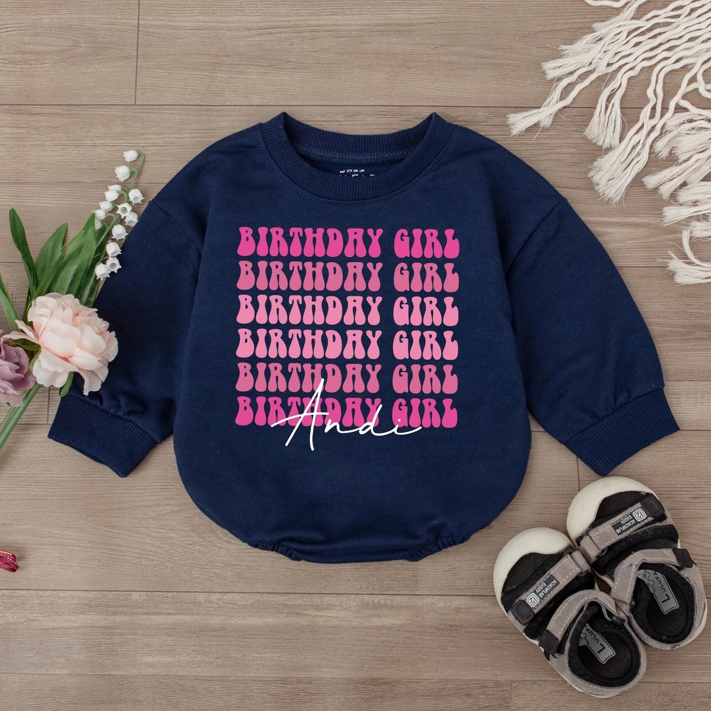 Personalized Pink Birthday Girl Long-Sleeve Bubble Romper First Birthday Outfit for One Year Old Baby Girl Soft Cotton Gift