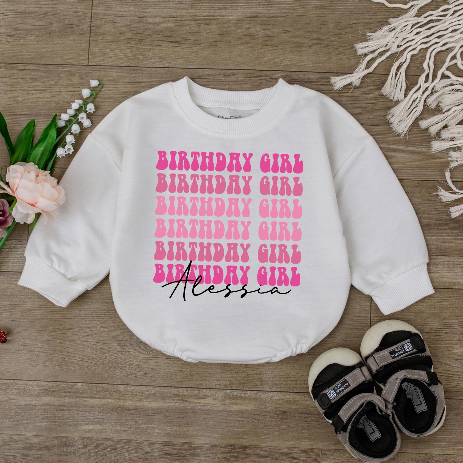 Personalized Pink Birthday Girl Long-Sleeve Bubble Romper First Birthday Outfit for One Year Old Baby Girl Soft Cotton Gift