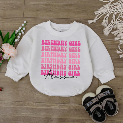 Personalized Pink Birthday Girl Long-Sleeve Bubble Romper First Birthday Outfit for One Year Old Baby Girl Soft Cotton Gift
