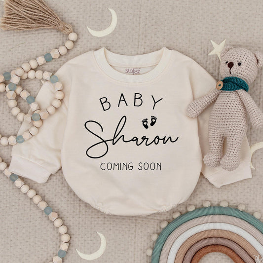 Personalized Baby Announcement Romper Custom Coming Soon Bodysuit Minimalist Black Footprint Newborn Gift Pregnancy Reveal