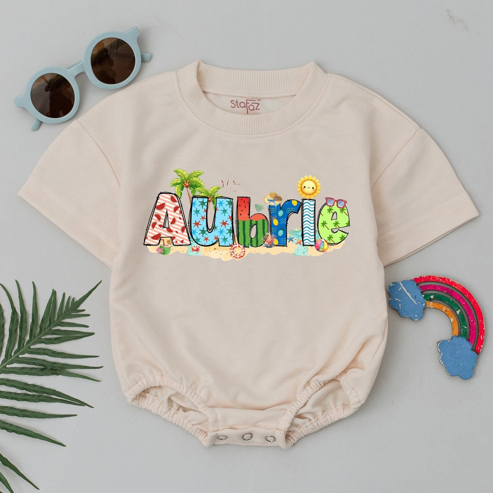 Personalized Summer Beach Baby Romper Custom Name Outfit Infant Clothes Beach Vibes Bodysuit Gift Baby Boy Girl Clothes First Beach Day Outfit 138 chars
