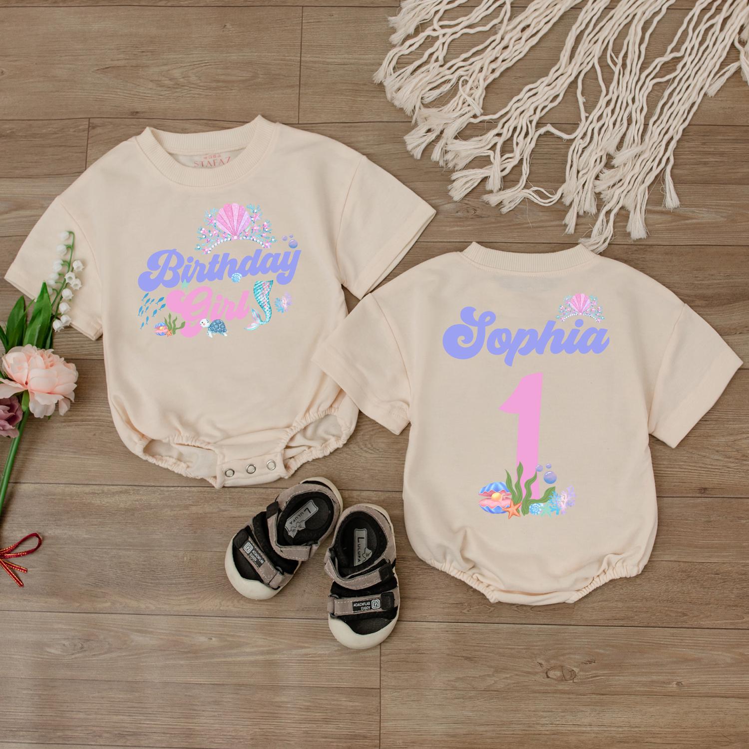 Mermaid Birthday Girl Romper Personalized Baby Bodysuit Custom Name Ocean Theme Baby Gift Under the Sea Outfit First Birthday Soft Cotton