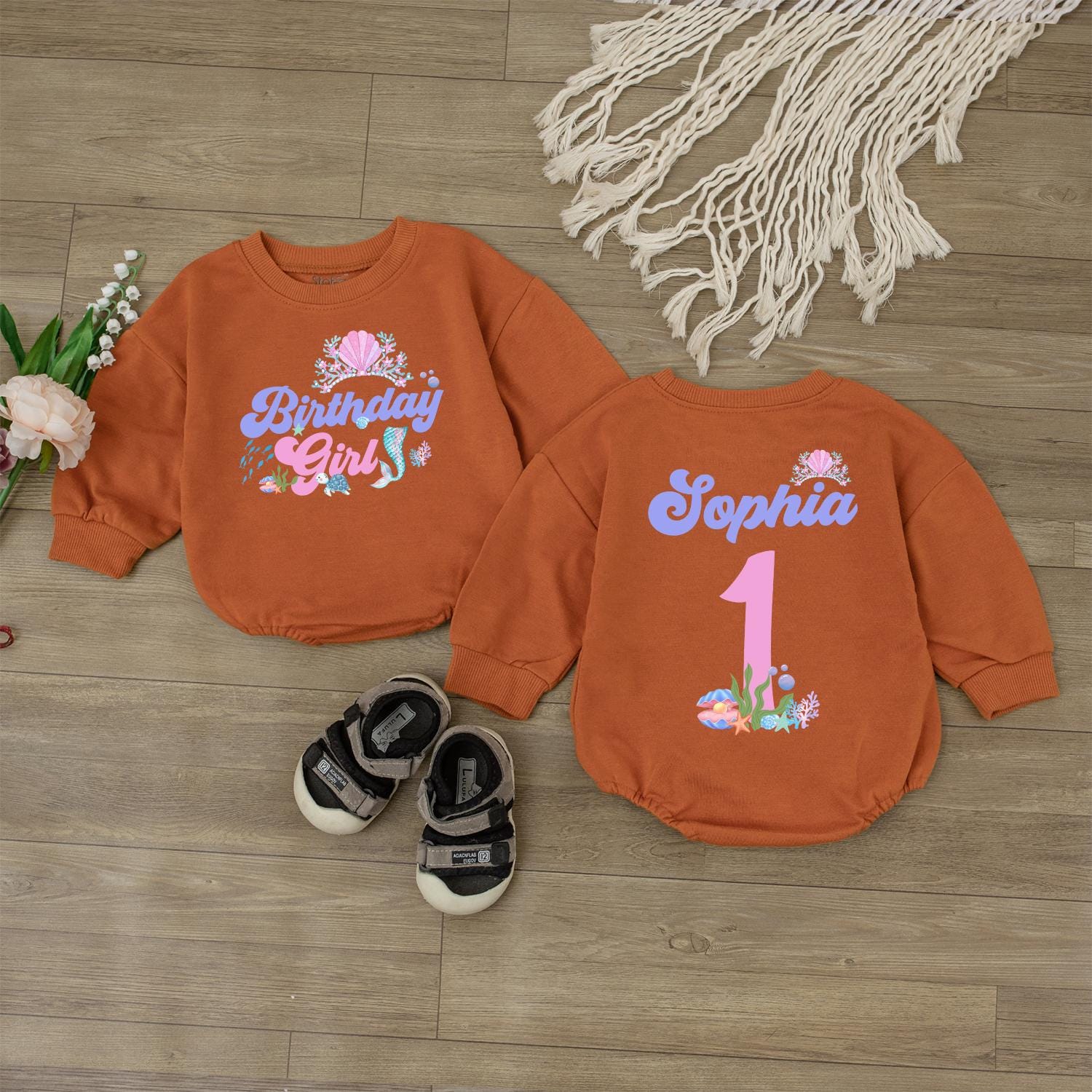 Sparkling Mermaid Birthday Girl Outfit Personalized Baby Romper First Birthday Bodysuit Custom Name Ocean Theme Baby Gift