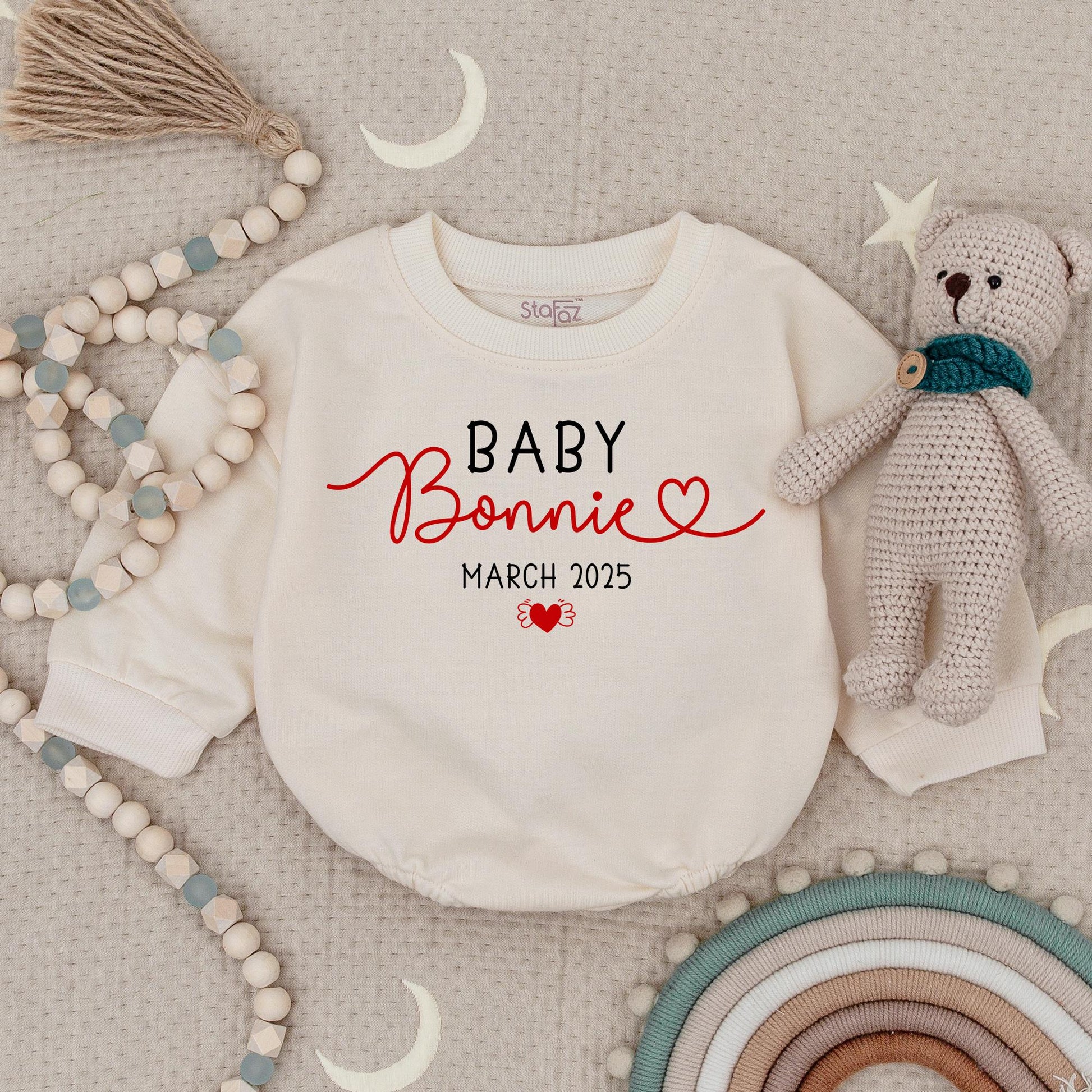 Custom Baby Announcement Romper "Baby Bonnie" March 2025 with Heart & Wings Design Natural Cotton Newborn Gift Sweet Charming