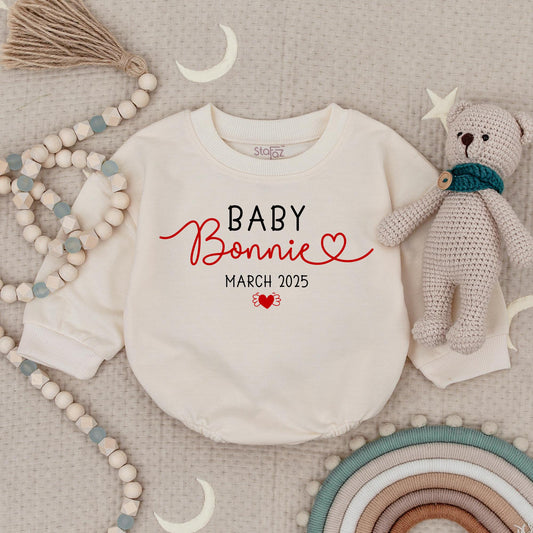 Custom Baby Announcement Romper "Baby Bonnie" March 2025 with Heart & Wings Design Natural Cotton Newborn Gift Sweet Charming