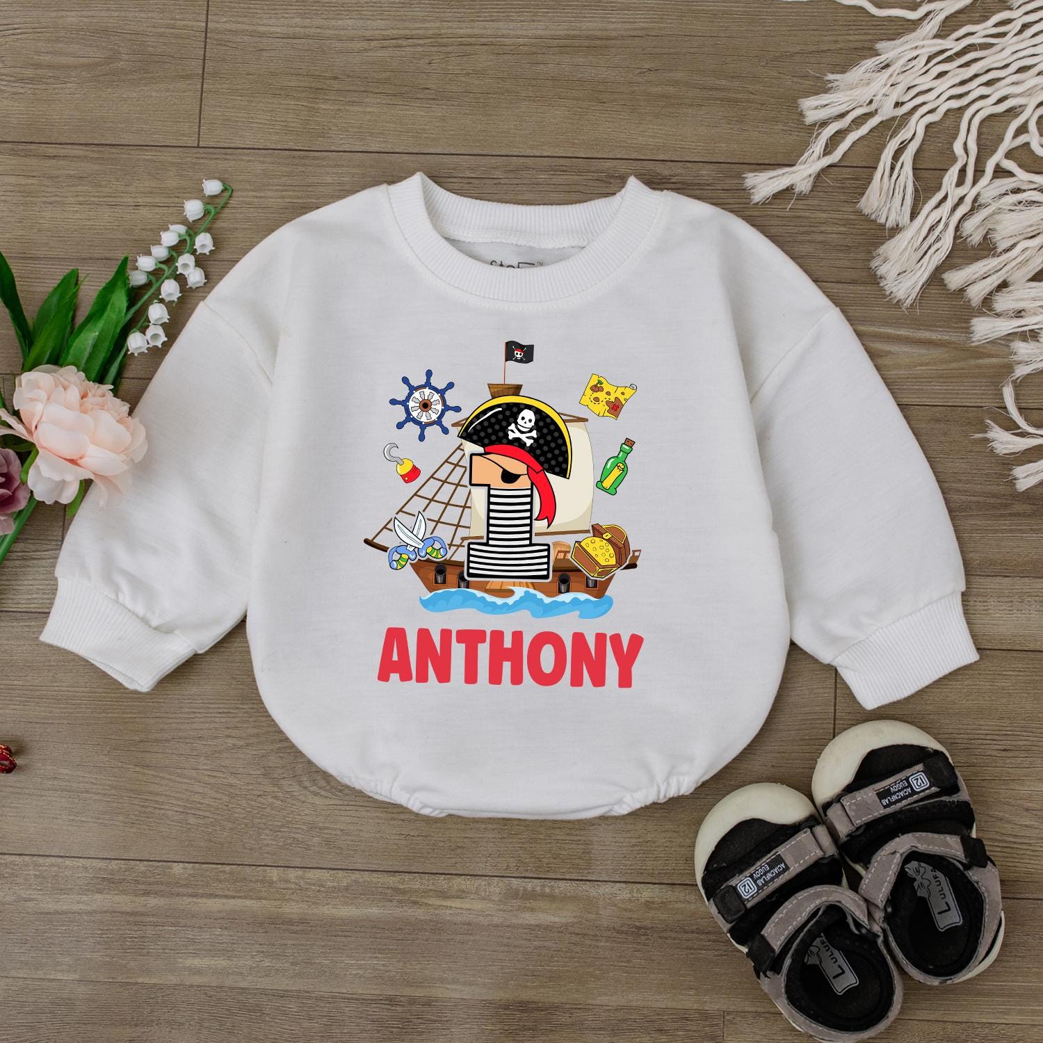 Pirate Baby Romper - Personalized Custom Name Bodysuit First Birthday Outfit Boy Gift - Ocean Theme Toddler Clothes