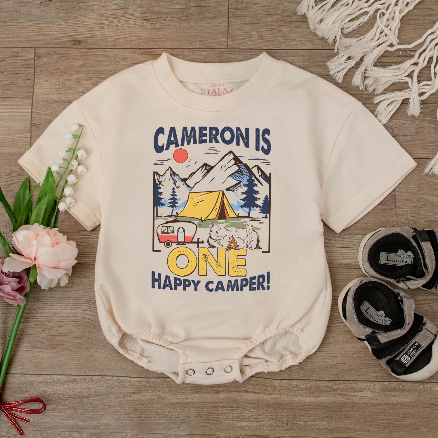 Happy Camper 1st Birthday Romper Baby Outfit, Custom Name Bodysuit, Outdoor Theme Baby Boy or Girl Gift