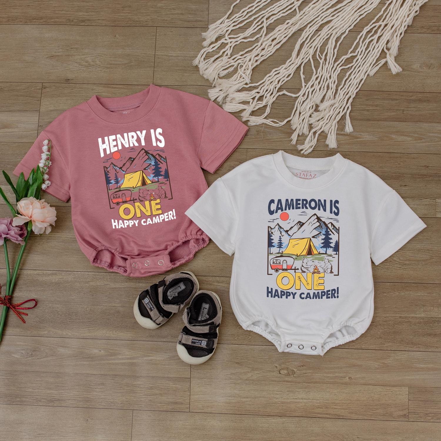 Happy Camper 1st Birthday Romper Baby Outfit, Custom Name Bodysuit, Outdoor Theme Baby Boy or Girl Gift