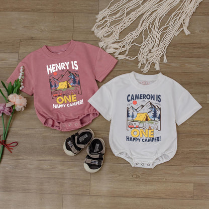 Happy Camper 1st Birthday Romper Baby Outfit, Custom Name Bodysuit, Outdoor Theme Baby Boy or Girl Gift