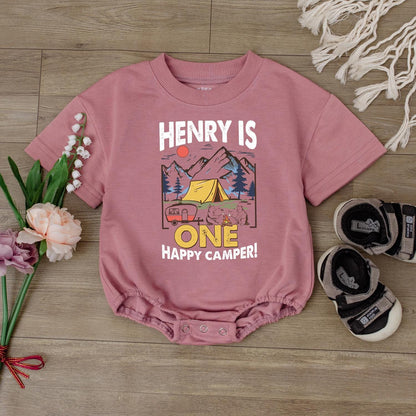 Happy Camper 1st Birthday Romper Baby Outfit, Custom Name Bodysuit, Outdoor Theme Baby Boy or Girl Gift