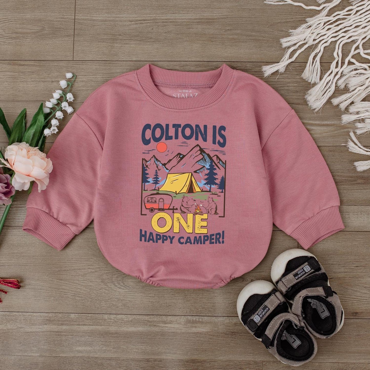 Personalized Happy Camper First Birthday Baby Girl Romper with Name, a Soft Comfortable Cotton Outdoor Theme Bodysuit Outfit Gift Idea