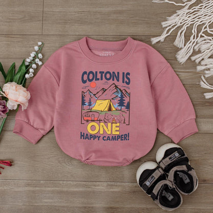 Personalized Happy Camper First Birthday Baby Girl Romper with Name, a Soft Comfortable Cotton Outdoor Theme Bodysuit Outfit Gift Idea