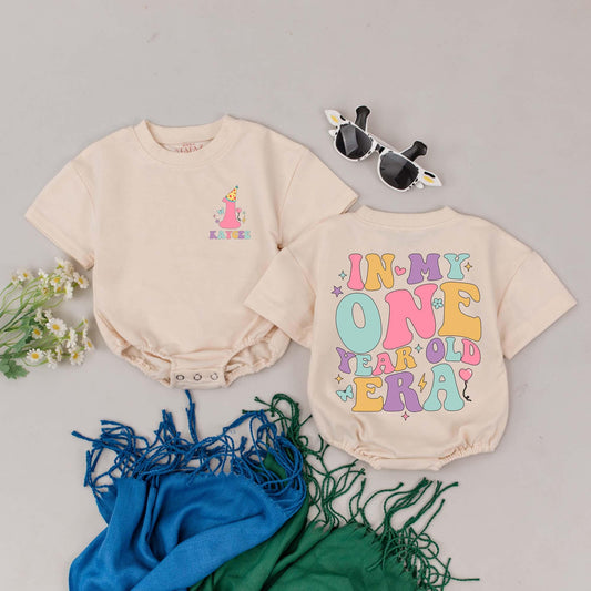 KAYCEE 1st Birthday Romper In My One Year Old Era Outfit Retro Pastels Butterflies Stars Hearts Baby Girl First Birthday Gift