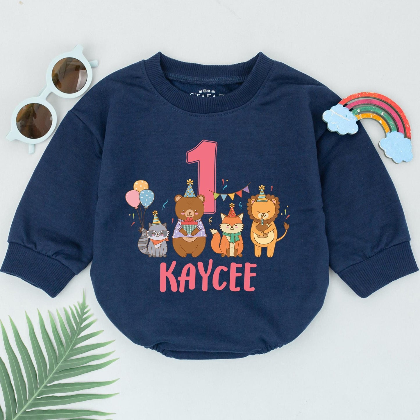 KAYCEE Personalized Zoo Animals Birthday Romper Wild One Safari Party Bubble Outfit
