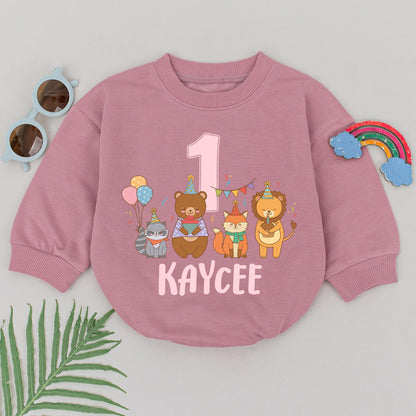 KAYCEE Personalized Zoo Animals Birthday Romper Wild One Safari Party Bubble Outfit