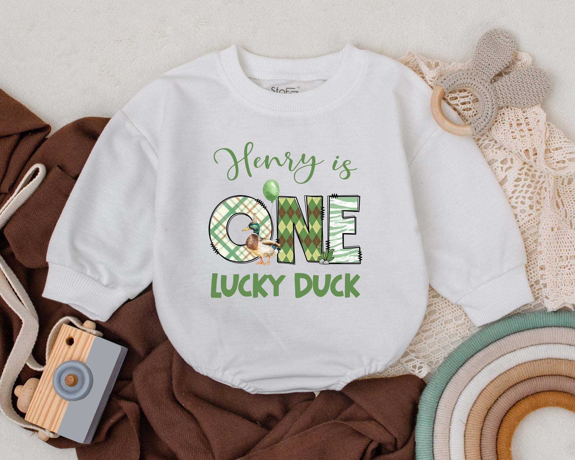 Custom One Lucky Duck Baby Romper First Birthday Outfit featuring a sweet Mallard Duck design, a unique gift for baby boys and girls