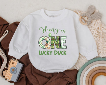 Custom One Lucky Duck Baby Romper First Birthday Outfit featuring a sweet Mallard Duck design, a unique gift for baby boys and girls