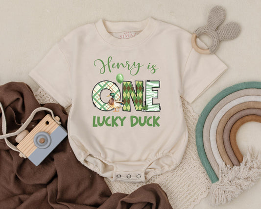 Custom One Lucky Duck Baby Romper First Birthday Outfit featuring a sweet Mallard Duck design, a unique gift for baby boys and girls