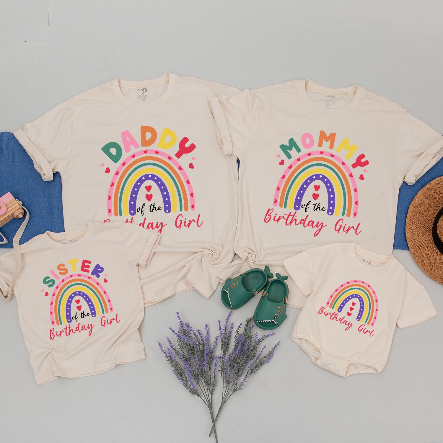 Mom Dad Birthday Girl Rainbow Matching Shirts & Baby Girl Romper Family Celebration Outfit Toddler Fun