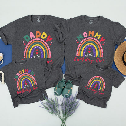 Mom Dad Birthday Girl Rainbow Matching Shirts & Baby Girl Romper Family Celebration Outfit Toddler Fun
