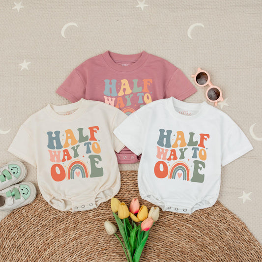 Half Way To One Bubble Romper for Baby Girl Boho Minimalist Outfit 1st Birthday Celebration Gift