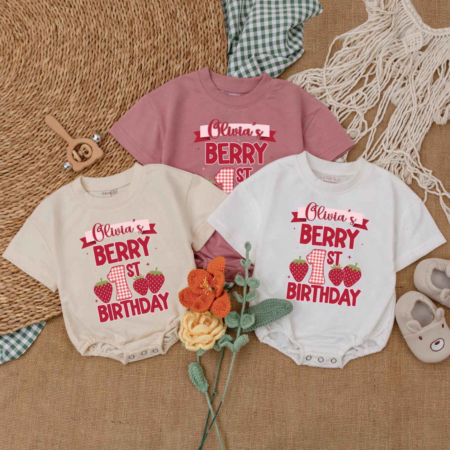 Sweet Berry First Birthday Bubble Romper for Baby Girls Strawberry Outfit Custom Name Sweet One Celebration