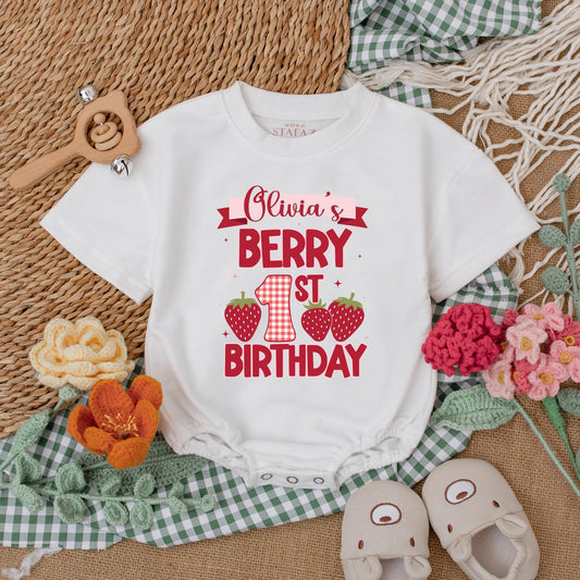 Sweet Berry First Birthday Bubble Romper for Baby Girls Strawberry Outfit Custom Name Sweet One Celebration