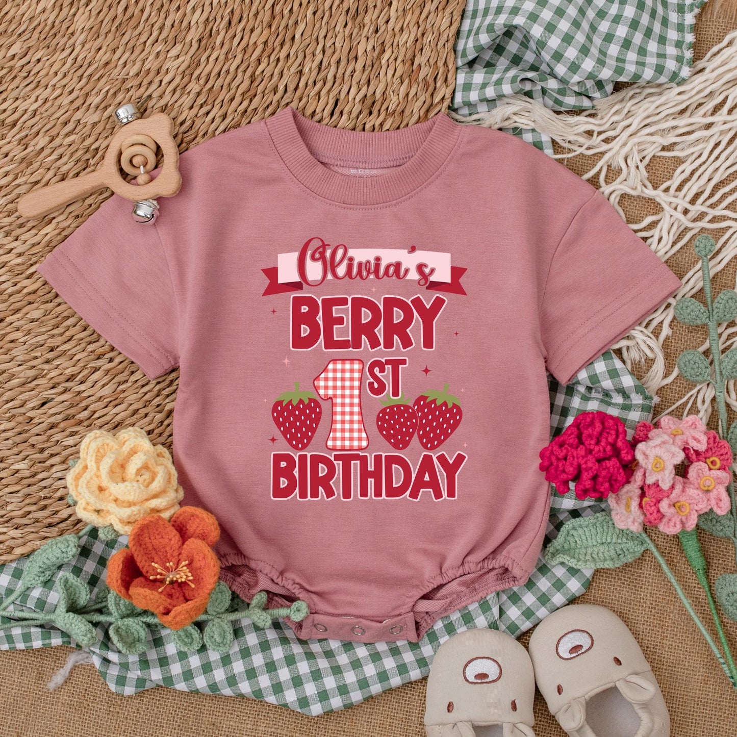Sweet Berry First Birthday Bubble Romper for Baby Girls Strawberry Outfit Custom Name Sweet One Celebration