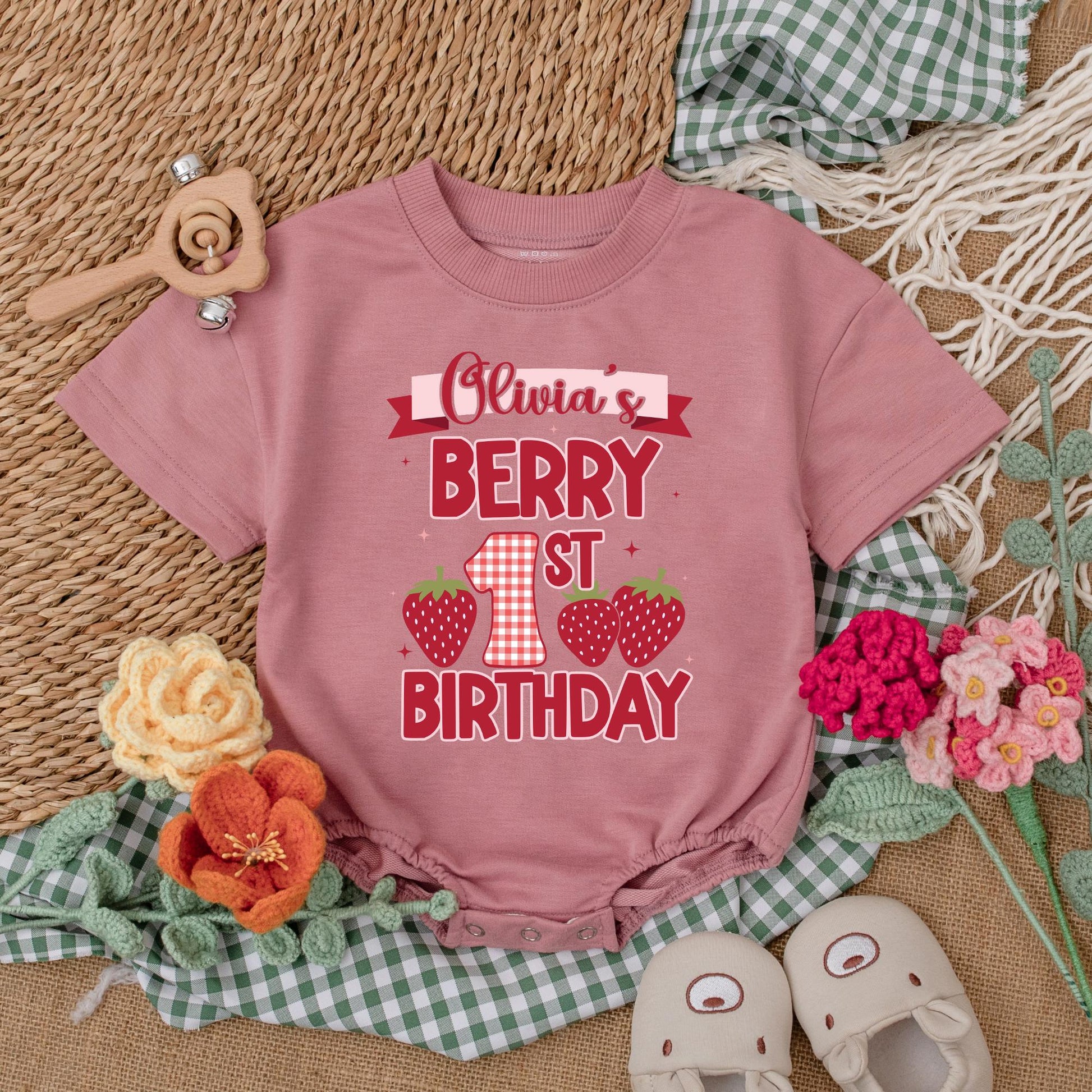Sweet Berry First Birthday Bubble Romper for Baby Girls Strawberry Outfit Custom Name Sweet One Celebration