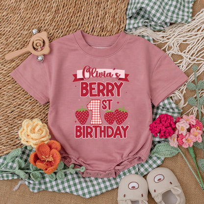 Sweet Berry First Birthday Bubble Romper for Baby Girls Strawberry Outfit Custom Name Sweet One Celebration