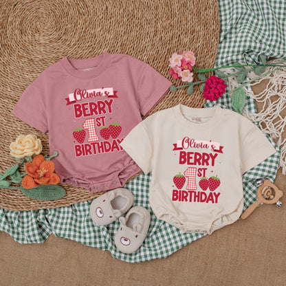 Sweet Berry First Birthday Bubble Romper for Baby Girls Strawberry Outfit Custom Name Sweet One Celebration