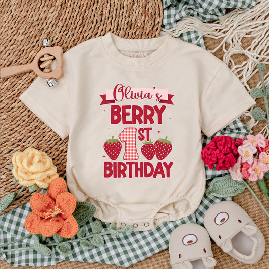 Sweet Berry First Birthday Bubble Romper for Baby Girls Strawberry Outfit Custom Name Sweet One Celebration