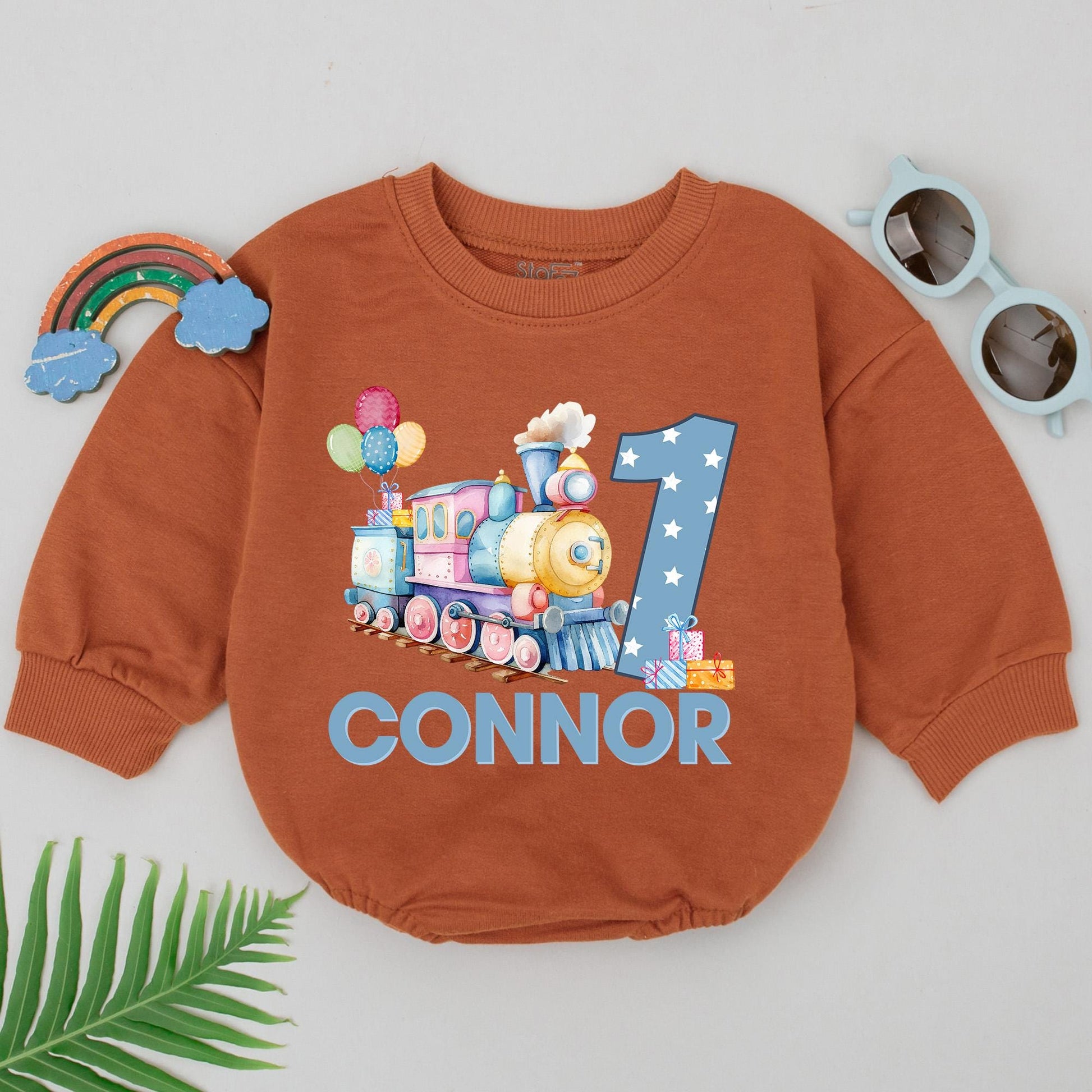 Chugga Chugga 1st Birthday Train Romper for Baby Boy Pastel Train Balloons & Gifts Custom Name Party Outfit 136 Chars