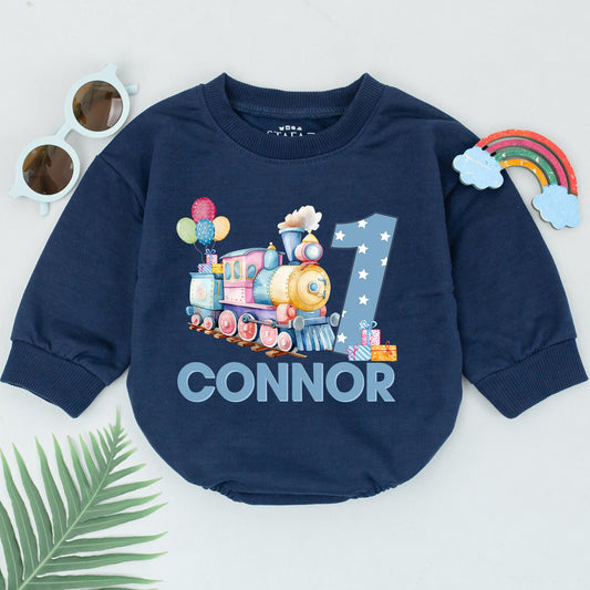 Chugga Chugga 1st Birthday Train Romper for Baby Boy Pastel Train Balloons & Gifts Custom Name Party Outfit 136 Chars