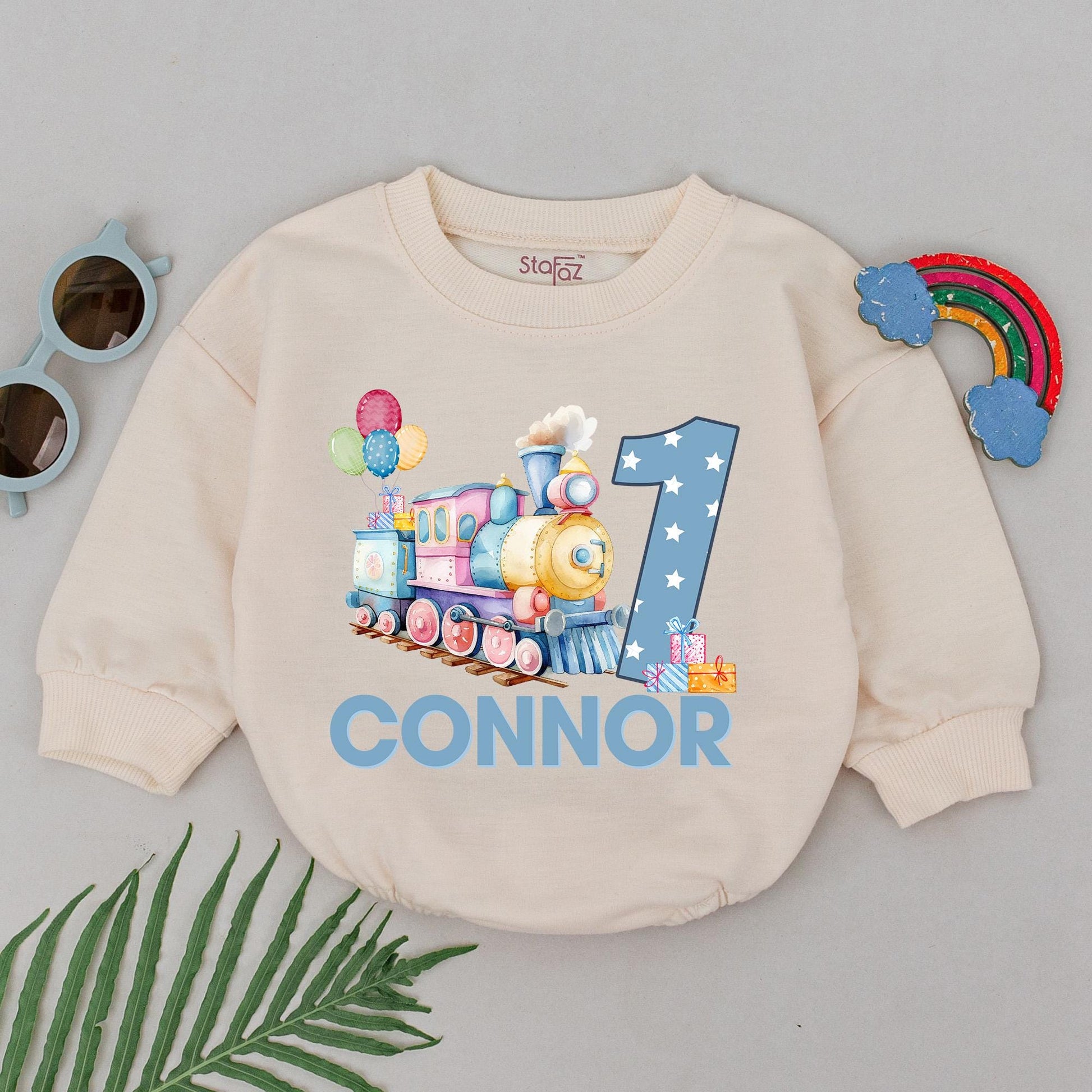 Chugga Chugga 1st Birthday Train Romper for Baby Boy Pastel Train Balloons & Gifts Custom Name Party Outfit 136 Chars