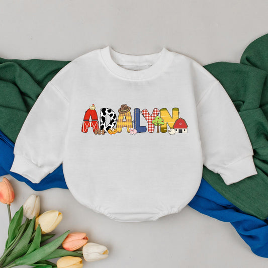 Personalized Farm Animal Birthday Romper Baby Boy Girl Barnyard Outfit Custom Name Country Western Gift for Shower