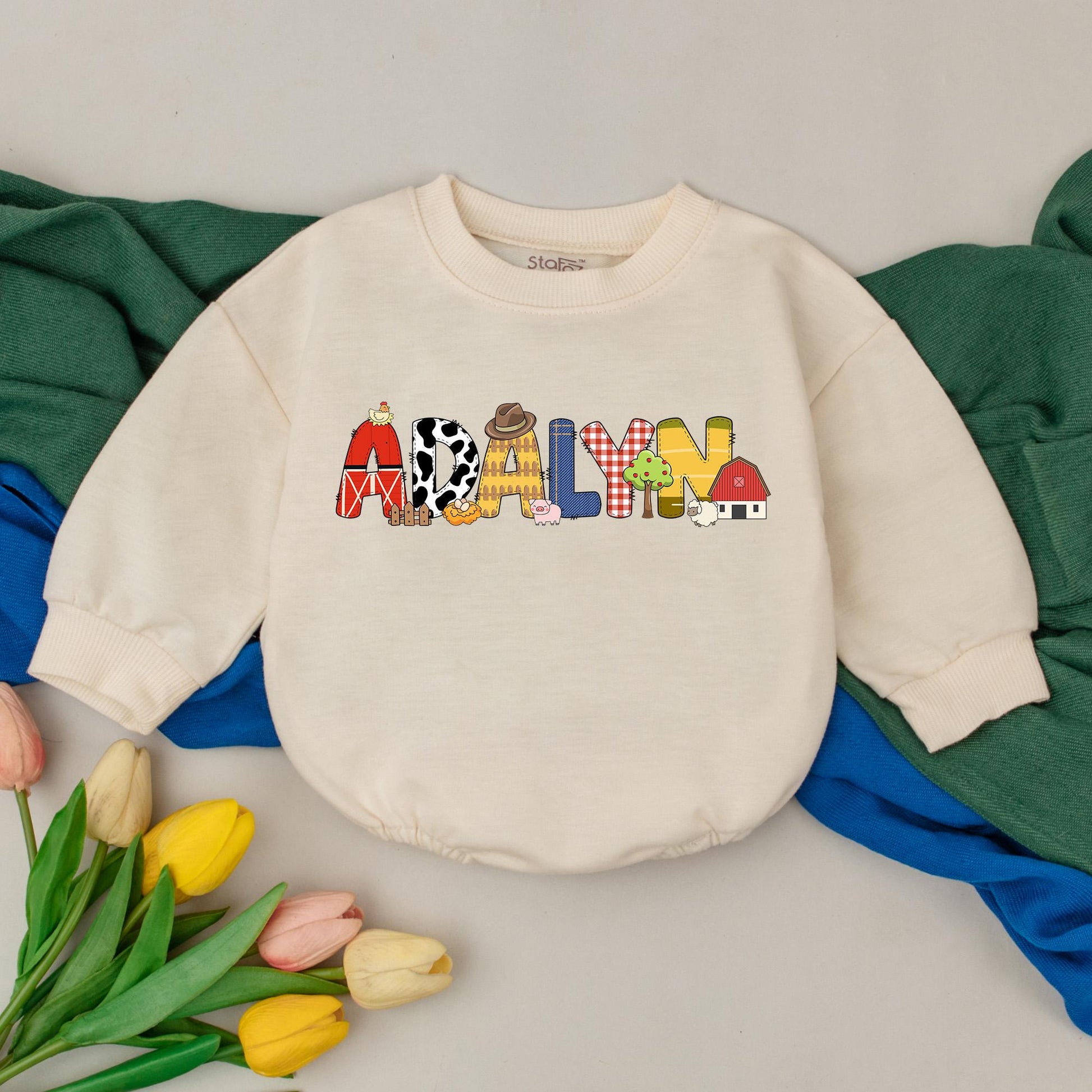Personalized Farm Animal Birthday Romper Baby Boy Girl Barnyard Outfit Custom Name Country Western Gift for Shower