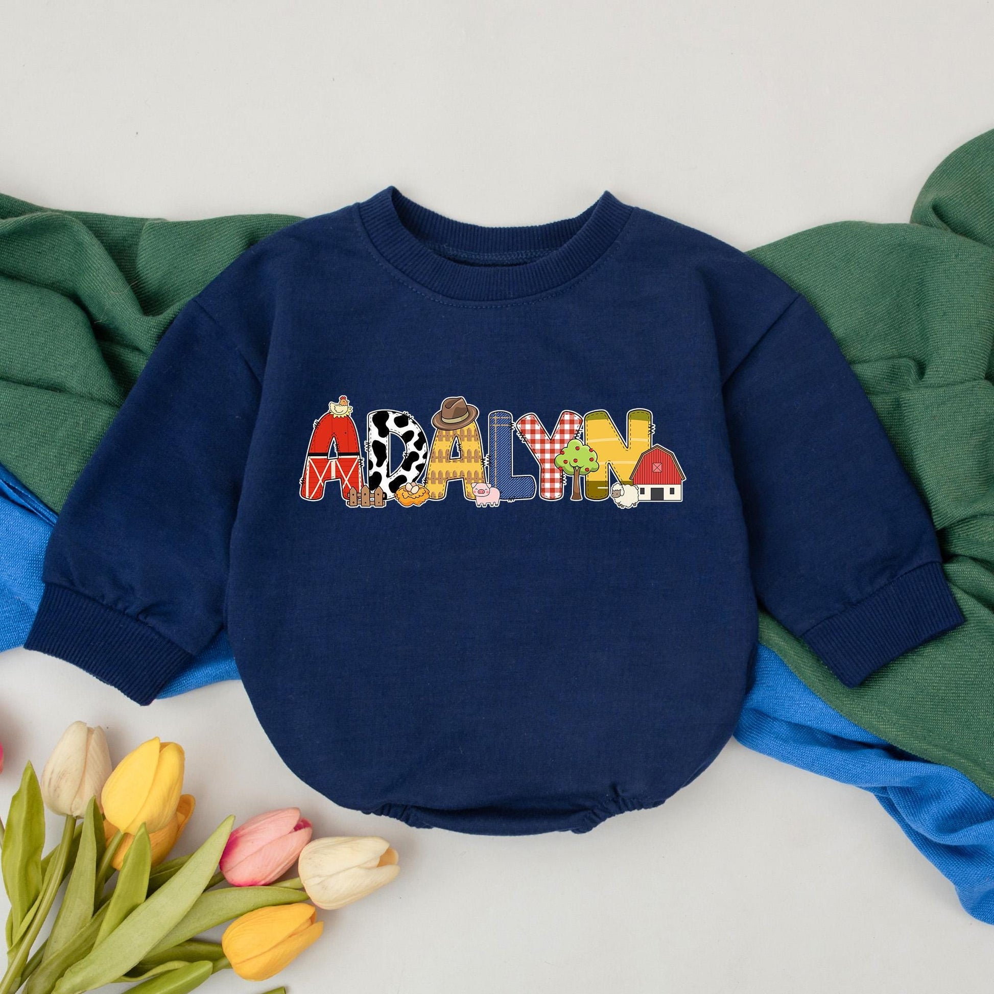 Personalized Farm Animal Birthday Romper Baby Boy Girl Barnyard Outfit Custom Name Country Western Gift for Shower