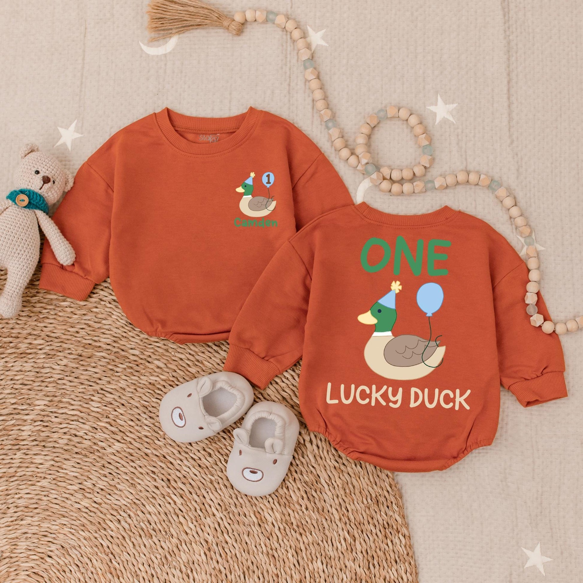 Personalized One Lucky Duck Baby Romper - Cute Mallard Duck Baby Clothes for First Birthday, Trending Animal Gift